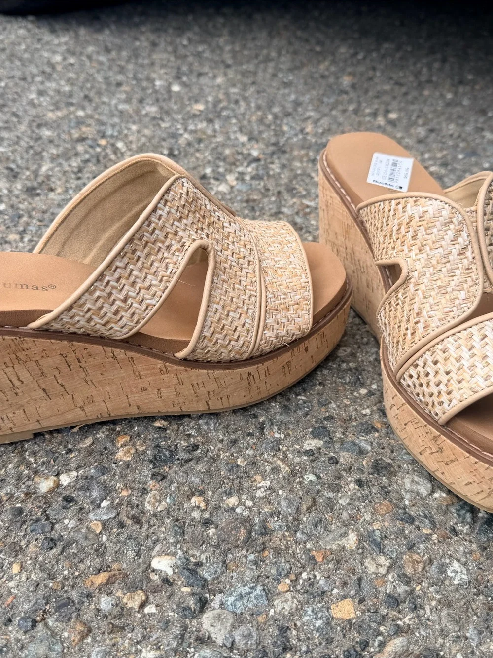 Neutral Woven Raffia Cork-Platform Wedge Sandals - Beige